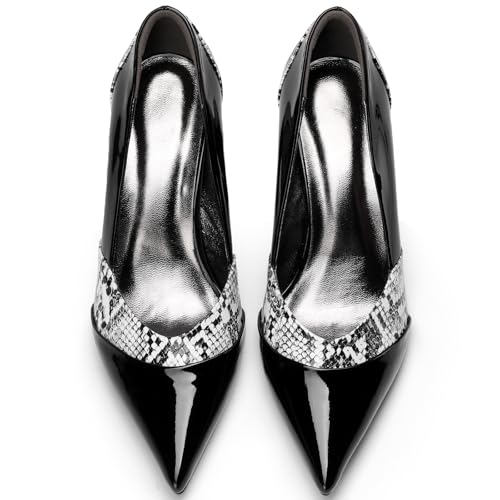 TDD High Heels for Women Patent Leather Pointed Toe Pumps Animal Print Snake Skin Closed Toe Chunky Block Dressy Comfortable Sexy Elegantes Wedding Slip On Formal Prom 3 Inch Shoes4
