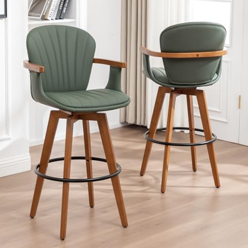 Image of LUNLING 30 inch Bar Height Stools Set of 2,Mid Century Modern Bar Stools,Green PU Leather Kitchen Island Stools,Wood High Barstools Swivel with Back and Arms for Home Bar Furniture