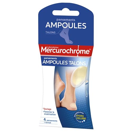 MERCUROCHROME - Pansements Ampoules Talons - 4 unités - Technologie Hydrocolloïde - Soulage la douleur - Facilite la cicatrisation - Résistant à l'eau