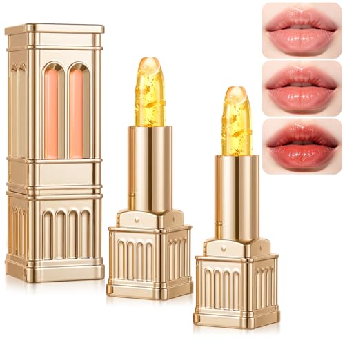 Image of 2Pcs PH Color Changing Lipstick, Clear to Tinted Lip Balm, Long Lasting Hydrating Lip Gloss, Non-Sticky, pH Adaptive Lip Makeup for All Skin Tones (Gold)