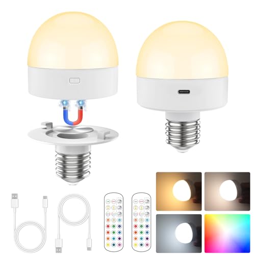 Rechargeable Battery Operated Light Bulbs with Remote Control, 15 Color Temperature, Dimmable, Timer, Wireless Magnetic Night Light Bulb for Wall Sconce, Non-Hardwired, E26 Detachable Base, 2 Pack