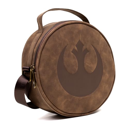 Star Wars Vegan Leather Round Crossbody Bag with Adjustable Straps, Rebel Alliance Insignia Emblem Debossed, Brown3