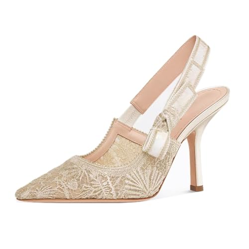 Goolita Pointed Closed Toe Pearl Slingback Heels for Women, Mesh Bow Evening Pump Stiletto High...