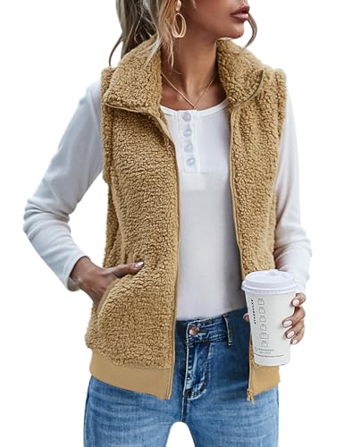 IECCP Weste Damen Teddy-Fleece Ärmellos Bequem und Lässig Fellweste Weste Jacke Reißverschluss mit Stehkragen(Khaik,M)