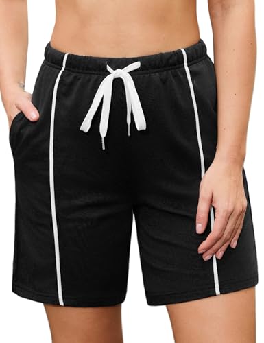 Crewhpo Damskie spodenki do biegania, spodnie wypoczynkowe, lato, wysoka talia, siłownia, sport, jogging, wędrówki, codzienne spodenki dresowe z kieszeniami, Czarny, M