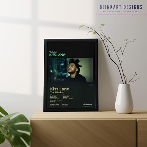 Image of BLINKART The Weekend - kiss Land Wall Photo Frames | Wall Art for Bedroom, Living Room, Studio or Office | Album Cover Print with Spotify Song Link QR Code | Gift for Fans - 8x12 In