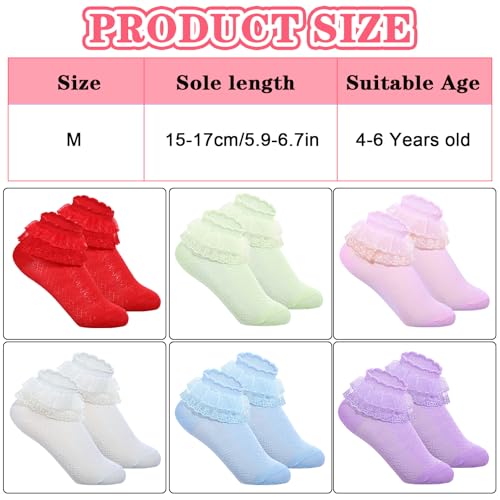 6 Pairs Girls Dress Socks,6 Colors Toddle Ankle Frilly Ruffle Socks Baby Girl Princess Style for Kids Little Girl3