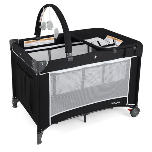 Image of BABY JOY 3 in 1 Pack and Play, Travel Baby Crib Bassinet Bed with Bassinet, Changing Table with Safety Belt, Toy Bar, Lockable Wheels, Portable Baby Playard from Newborn to Toddler