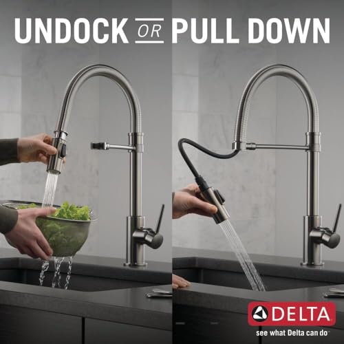 Image of Delta Faucet Trinsic Pro Commercial Style Kitchen Faucet, Kitchen Faucets with Pull Down Sprayer, Kitchen Sink Faucet, Faucet for Kitchen Sink, Magnetic Docking Spray Head, Black Stainless 9659-KS-DST