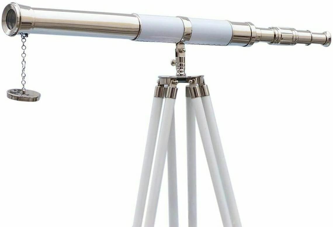 60" Floor Standing Admirals Chrome White Leather Telescope with Beautiful Wooden Tripod Stand; Fully Functional Nautical Home Decor Vintage Telescopes