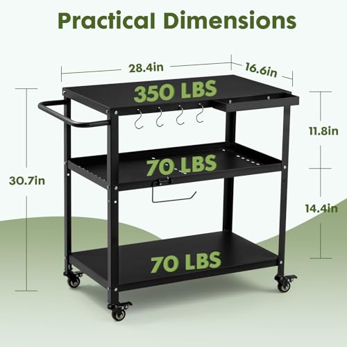 Image of Outdoor Grill Cart Table,Indoor and Outdoor Pizza Oven Table,with 4 Movable Total Lock Casters, Hooks, Side Handle Multifunctional (Black) (Black)