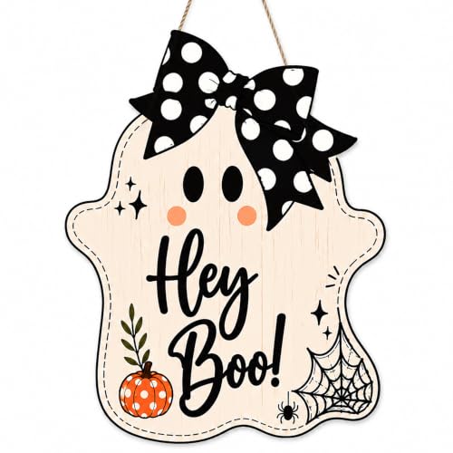 Image of Halloween Party Decorations - Hey Boo Wooden Ghost Sign for Front Door | Cute Ghost Halloween Garland Wood Wreaths Door Sign Decor- Halloween Party Favors Supplies for Home Wall Decor