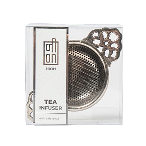 Image of NION Premium Silver Tea Infuser Strainer with Drip Bowl | Perfect for Steeping Loose Leaf Tea Infuser Strainer Teapot | Solid Nickel Drip Bowl