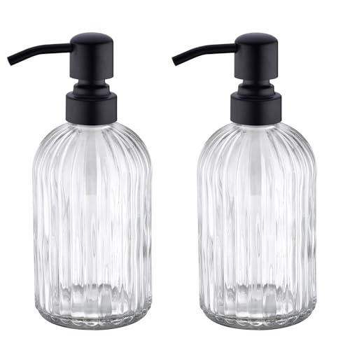 Leetcp Matte Black Dish Kitchen Soap Dispenser, Bathroom Liquid Soap Dispenser with Rustproof Stainless Steel Pump, 16 Oz Glass Bottle,2 Packs