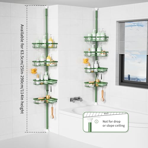 Image of KEGII Shower Caddy Tension Pole, 4-Tier Rustproof Adjustable Corner Bathroom Organizer for Renters, 25-114.2 Inch No Drill Space-Saving Shower Storage Rack, Emerald Green