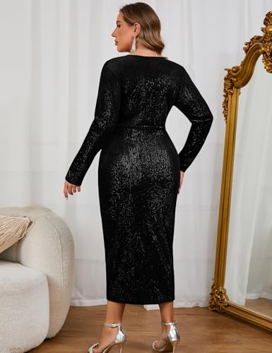 Image of ZOMVA Plus Size Velvet Wrap Dress Ruched Bodycon Dress Long Sleeves Ruffle Long Elegant Party Wedding Guest Cocktail Holiday