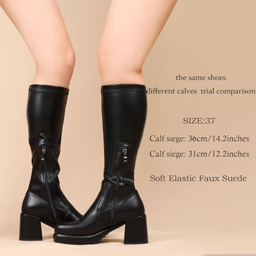 LanreyTaley Elastic Women Knee High Boots Platform Chunky Heel Tall Boots Suede Dress Boots Side Zipper Stretch Boots Fall3