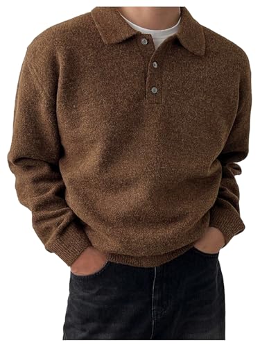 OYOANGLE Men's Button Front Collared Neck Pullover Sweater Drop Shoulder Solid Casual Knit Tops