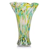 9.1H Murano Hand Blown Glass Vase, Ruffled Scalloped Rim Trumpet Shape, Wide Mouth Colorful Decorative Glass Vase, Sculptural Art Centerpiece for Living Room Table, Bathroom, Office Shelf (Green)