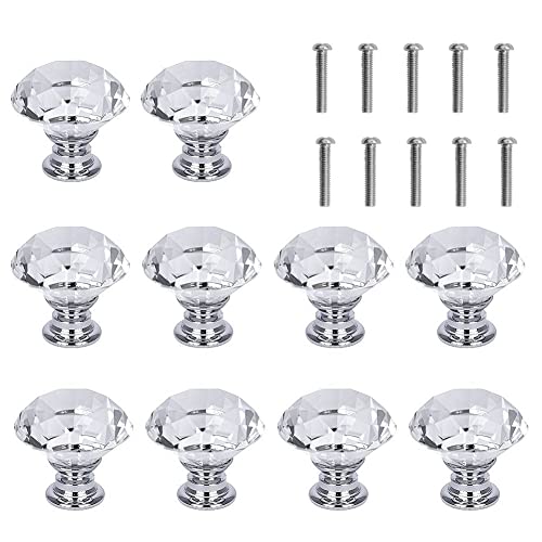 Easily Life 10 Pcs White Clear Crystal Glass Cabinet Knobs 30mm Diamond Shape Drawer Kitchen Cabinets Dresser Cupboard Wardrobe Pulls Handles