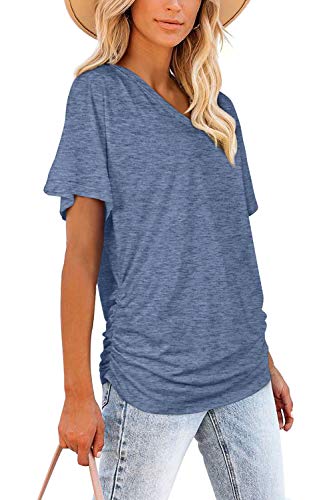 Image of WIHOLL Womens Summer T-Shirts Short Sleeve V Neck Dolman Tops with Side Shirring Loose Fit Shirts Spring Fashion