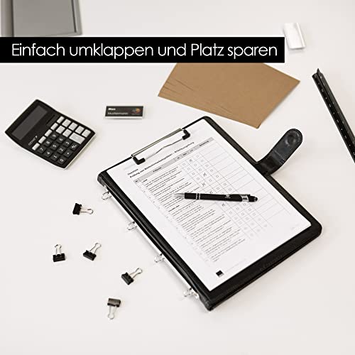 OfficeTree Klemmbrettmappe A4 mit Deckel - Schreibmappe A4 Klemmbrett Schwarz - Arbeitsmappe mit Ringbuch - Klemmbrett Mappe Organizer - Inklusive Block und Kugelschreiber