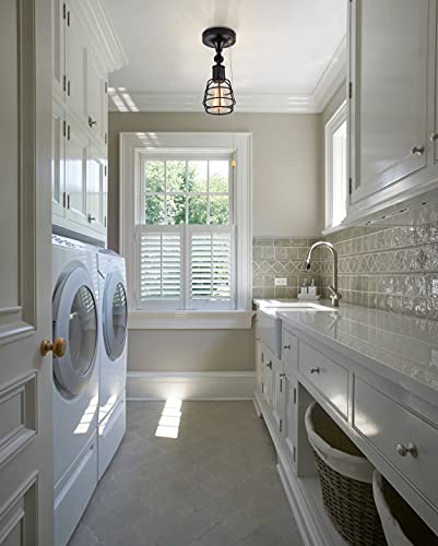 Industrial Farmhouse Close To Ceiling Light With Pull Chain 1 Light Black Semi Flush Mount Ceiling Light Adjustable Metal Cage Directional Wall Sconce Wall Lamp With Pull String For Kitchen Laundry #TOP2