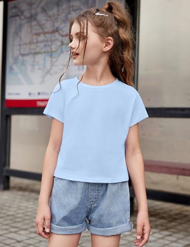 Image of Arshiner Girls Shirt Crop Tops Short Sleeve Summer Drop Shoulder Batwing Sleeve Crewneck Loose T Shirt Tee