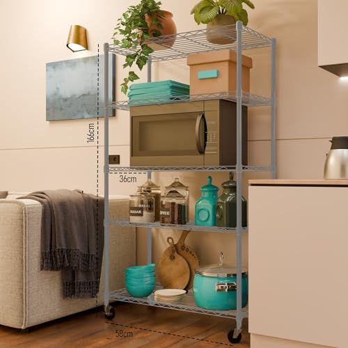 Image of 5-Shelves Wheels Heavy Duty Steel Storage Rack | Multipurpose Shelving Unit for Kitchen, Home & Utility