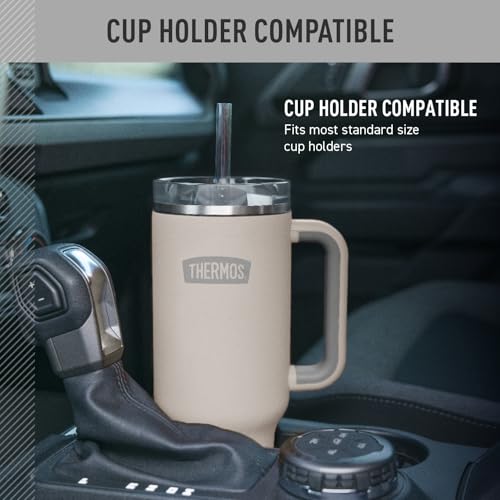 Image of THERMOS Stainless Steel Cup Holder Mug - 40 Ounce, Sandstone - Insulated Tumbler with Lid and Straw, Plus Leak-Resistant Slide Lock