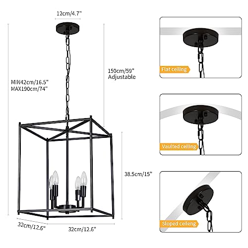 Black Chandelier 4-Light Foyer Chandelier, 12.6" Lantern Pendant Light Fixtures Farmhouse Chandelier For Dining Room Adjustable Height Pendant Lighting For Kitchen Island Hallway Living Room Bedroom #TOP5