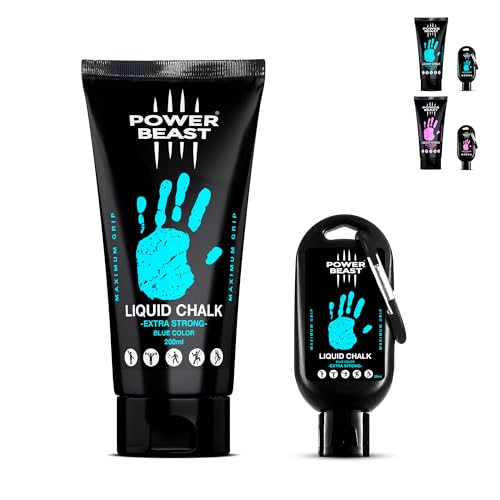 POWER BEAST Flüssigkreide Farbig, Magnesia, für besseren Grip, Liquid Chalk, Chalk Magnesia, Flüssig Kreide für Crossfit, zum Klettern, Gewichtheben, Poledance, Tennis, +50 Ml Extra. (Blau)