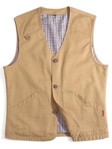 MeiLayM Hombres Al Aire Libre Chaleco Ligero Pesca de Algodón Chaqueta Casual Multi Bolsillo Chaleco Sin Mangas Respirable Trabajo Chaleco Cámping Fotografía Viajes Caqui,S