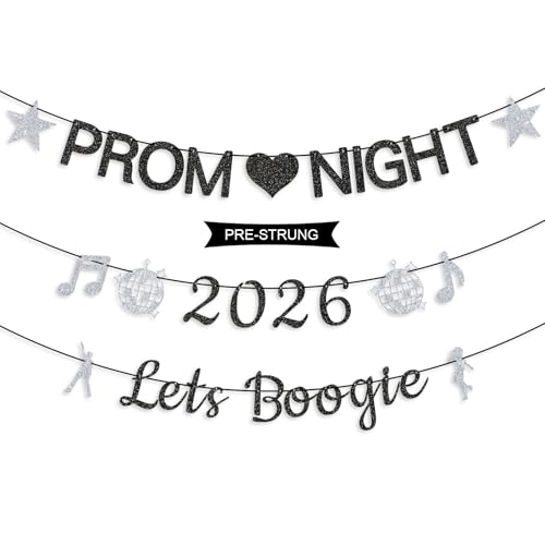 Uflashmi Pre-Strung Prom Night 2026 Let's Boogie Graduation Banner, Glitter Prom Decorations 2026, Prom Send Off Decorations 2026 Garland for Graduation Party Decorations, Black and Silver