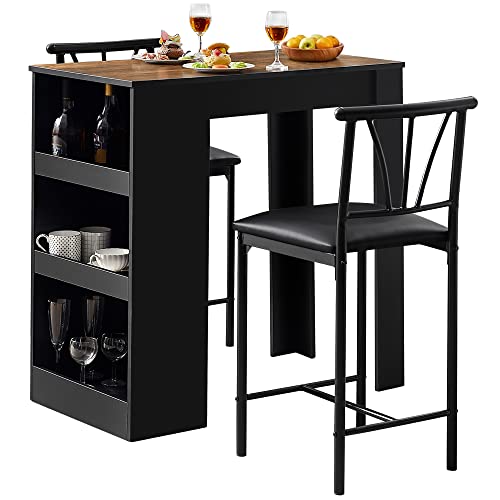 Vecelo Small Bar Table And Chairs Tall Kitchen Breakfast Nook With Stools/Dining Set For 2, Storage Shelves, Space-Saving, Brown #TOP29