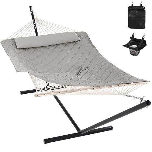 ANOW Double Rope Hammock with Stand 12FT, Heavy Duty Hammock with Polyester Pillow and Pad, 450 LBS...