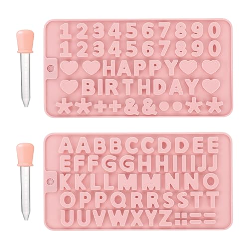 CllyCnny Silicone Letter Number Chocolate Molds: 2 Pack Reusable Letter Number Molds Baking Mould with 2 Droppers for Chocolate Candy Cookies Happy Birthday Cake Decorating