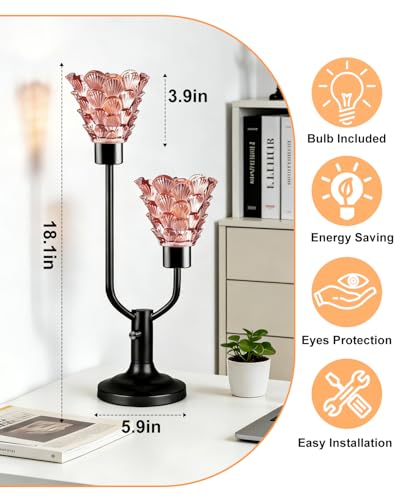 Image of Lightdot Mid Century Modern Glass Table Lamp Vintage Pink Lamp Dimmable | Nightstand Lamp Black Desk Lamp Bulbs Included 3000K Warmwhite Ambient Bedside Lamps for Bedroom Living Room Home Decor Gift