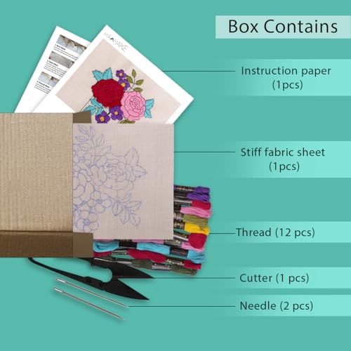 Image of picknMAKE Hoop-Free Needle Stitch Elegant Blooms DIY Hand Embroidery Kit for Beginners Adults,Stiff Jute Fabric Art Craft Work,Printed Floral Design with Threads,Needles,Cutter,Instruction,Multicolor
