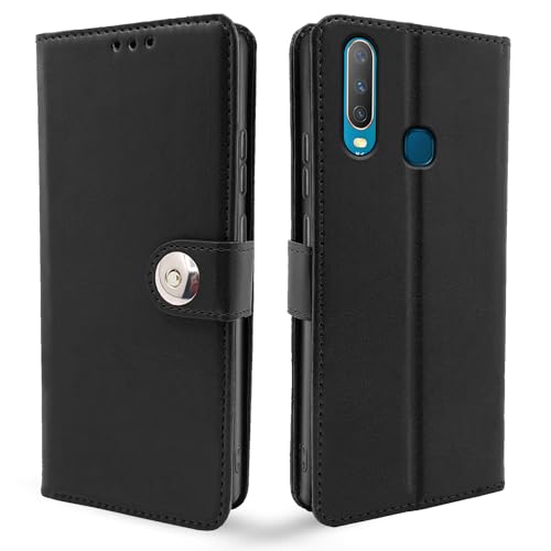 Image of Pikkme Vivo Y12 / Y15 / Y17 / U10 Flip Cover Leather Finish | Inside TPU with Card Pockets | Wallet Stand and Shock Proof | Complete Protection Flip Case (Button Black)
