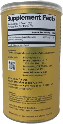 PRIME NATURAL Ashwagandha Root Powder 8oz | Ayurvedic Adaptogen for Calm, Vitality, Boosts Energy, Stamina | Pure, Raw, Vegan