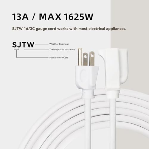 Image of 6ft Outdoor Extension Cord for Christmas Decorations - 16 /3 Heavy Duty SJTW Waterproof White Electrical Cable with 3 Prong Grounded Plug for Safety, Great for Lawn and Major Appliances