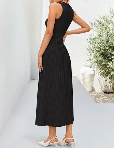 ZESICA Women's 2025 Summer Sleeveless Midi Dresses Casual Crewneck Ribbed Knit Pleated A Line Swing Long Party Dress4