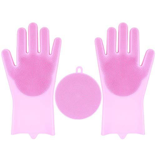 Preisvergleich Produktbild Geschirrspül Handschuhe, 35.7CM Silikon Reinigen Handschuhe Wiederverwendbare Spülhandschuhe Geschirrspülhandschuhe für die Haushalt, Küche, Auto, Obst, Bad, Haustierpflege (Rosa)