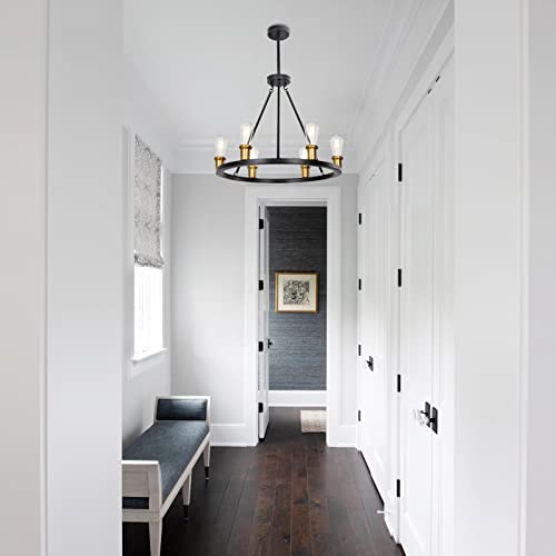 Merbotin 6-Light Farmhouse Wagon Wheel Chandeliers, Black And Brass Industrial Round Chandelier Rustic Ceiling Island Light For Dining Table, Living Room, Bedroom,Hallway, 22.83" Diameter #TOP6