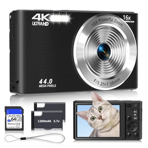 Digital Camera 4K, Upgrade Black Cameras for Teens, Autofocus Digital Point and Shoot Camera for Kids with 16X Zoom, 64GB SD Card, Compact Small Camera for Boys Girls Teens Kids Gift