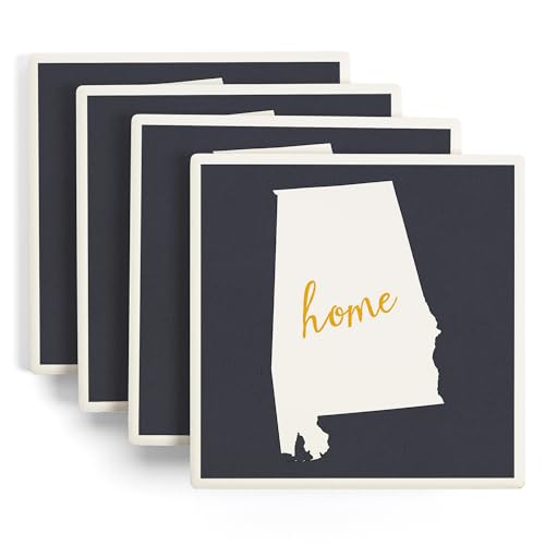 Alabama, Home State, White on Gray (Absorbent Ceramic Coasters Set of 4 Matching Images, Cork Back, Kitchen Table Decor)