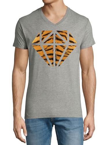 T-shirt col en V homme en coton gris qui ne se déforme pas avec motif tigre diamant artistique