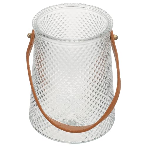 Tofficu Jarrón de Cristal Transparente Pequeño con Asa de PU Piel Verde, Florero Decorativo para Mesa y Escritorio, Jarrón para Plantas y Flores, Centro de Mesa para Hogar y Oficina