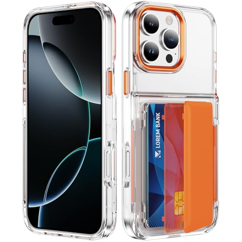 Coque iPhone 16 Pro Max transparente antichoc orange JF avec double porte-carte